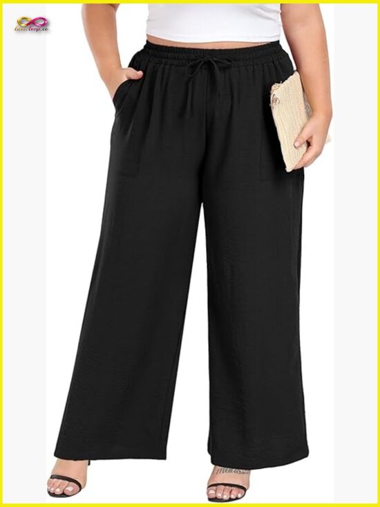 Pants - Plus Size Wide Leg Pants High Waist Loose Casual Palazzo with Pockets